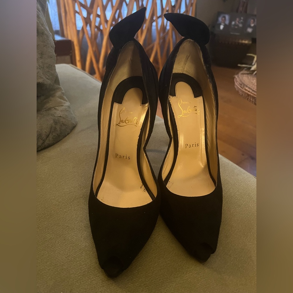 Christian Louboutin Black Peep Toe Heels Suede